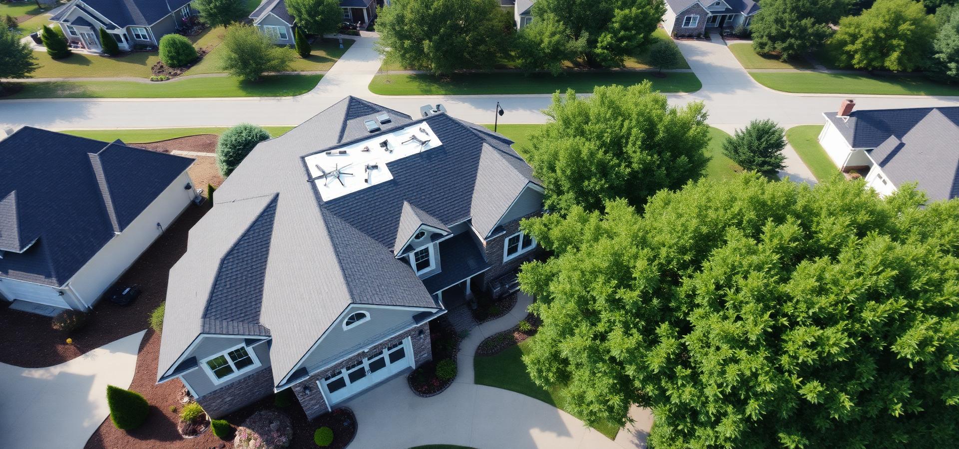 Aerial view of completed roofing project in Johnson City